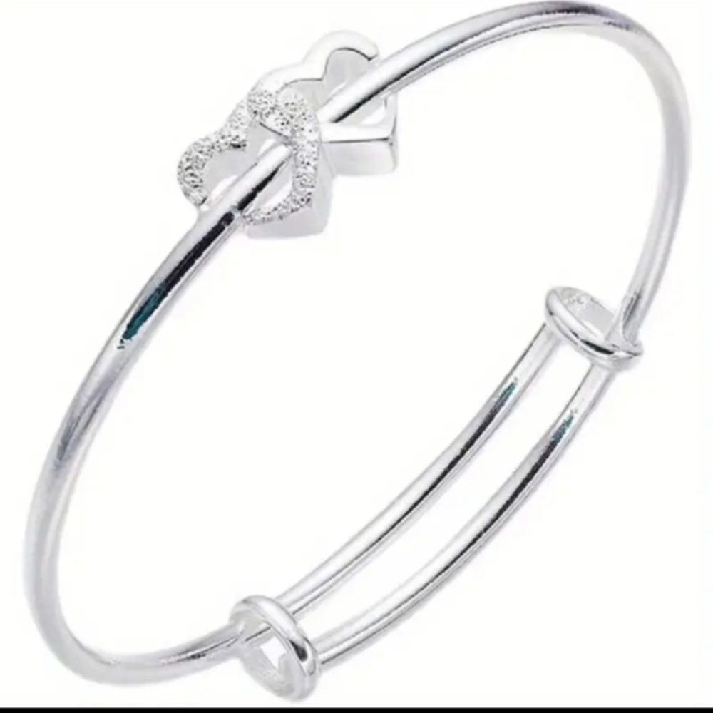 925 Sterling Silver Push Pull‎ Bracelet Cute Double Heart Design Adjustable